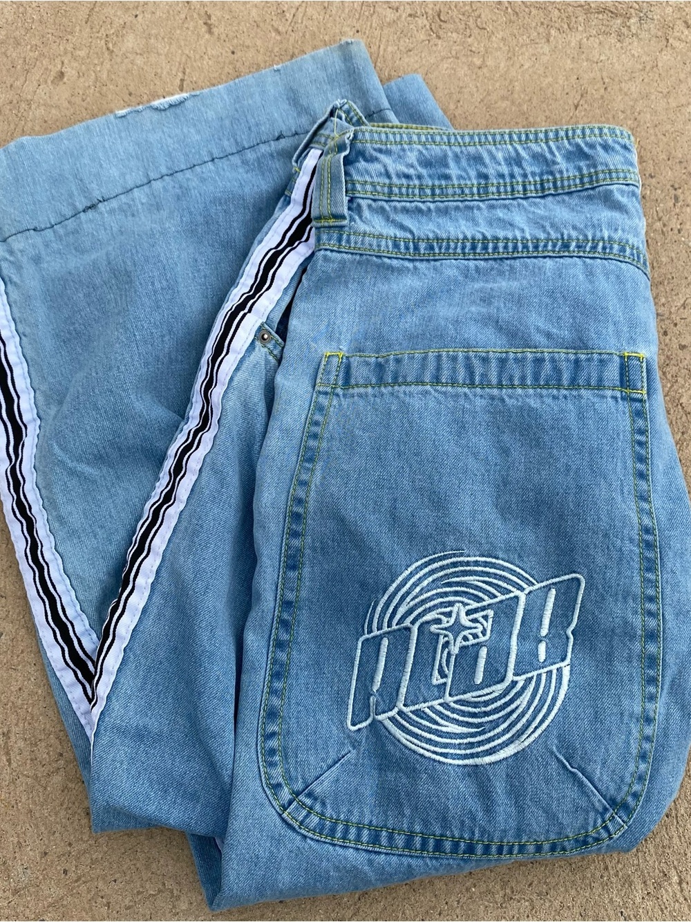 Y2K ALAB Embroidered Jnco Styled Striped Baggy Wide Leg Jeans Size 38 Rave